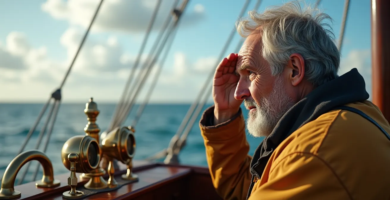 Marin observant l'évolution des nuages depuis le pont d'un voilier