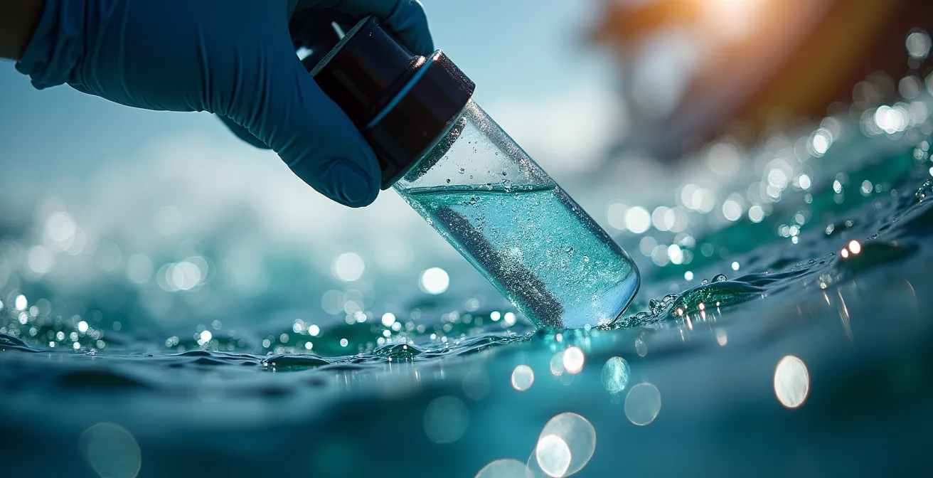 Équipier prélevant un échantillon d'eau depuis le pont d'un IMOCA en pleine navigation