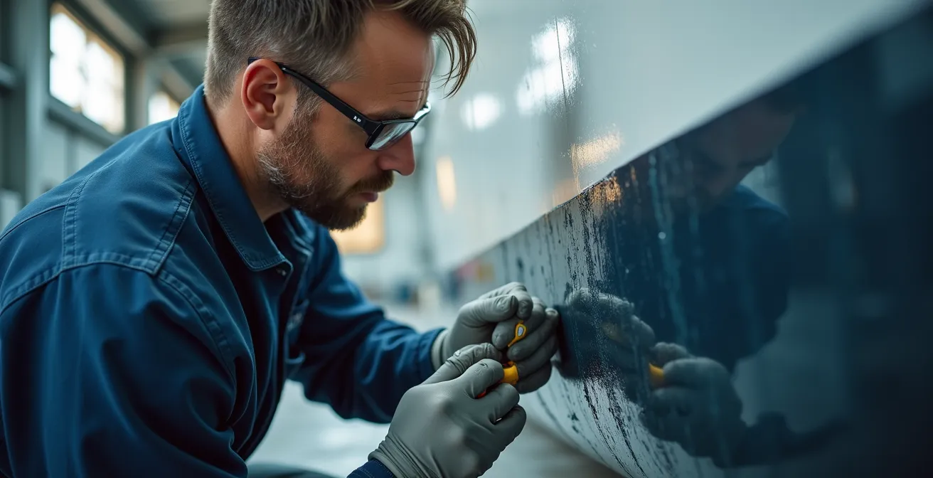 Carénage professionnel d'un voilier de 12 mètres avec application d'antifouling écologique dans un chantier naval français