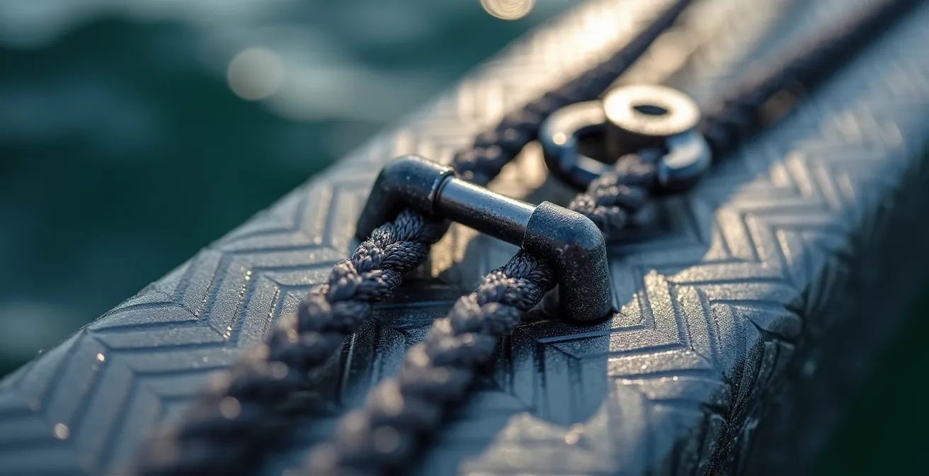 Vue macro détaillée d'accastillage allégé en carbone sur le pont d'un voilier de course