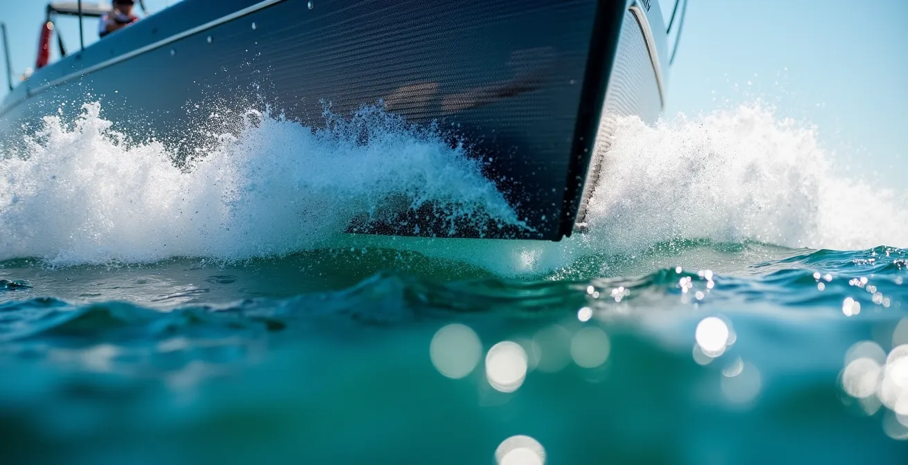 Gros plan sur la coque d'un IMOCA en vol au-dessus de l'eau grâce aux foils