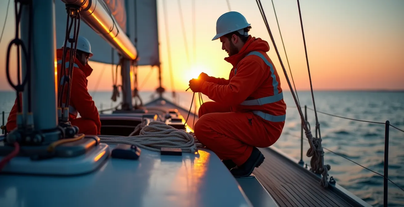 Équipage préparant le pont d'un voilier au crépuscule avec rangement du matériel