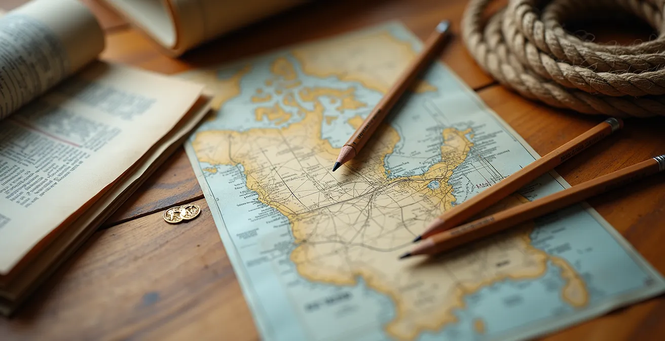 Vue macro sur des cartes marines annotées et instruments de navigation disposés sur une table