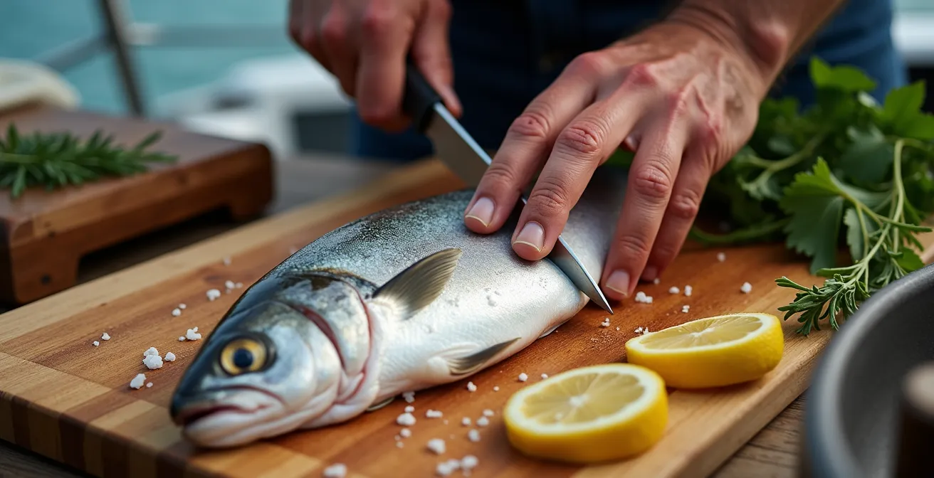 Gros plan sur des mains préparant un poisson frais sur une planche en bois dans un cockpit de voilier