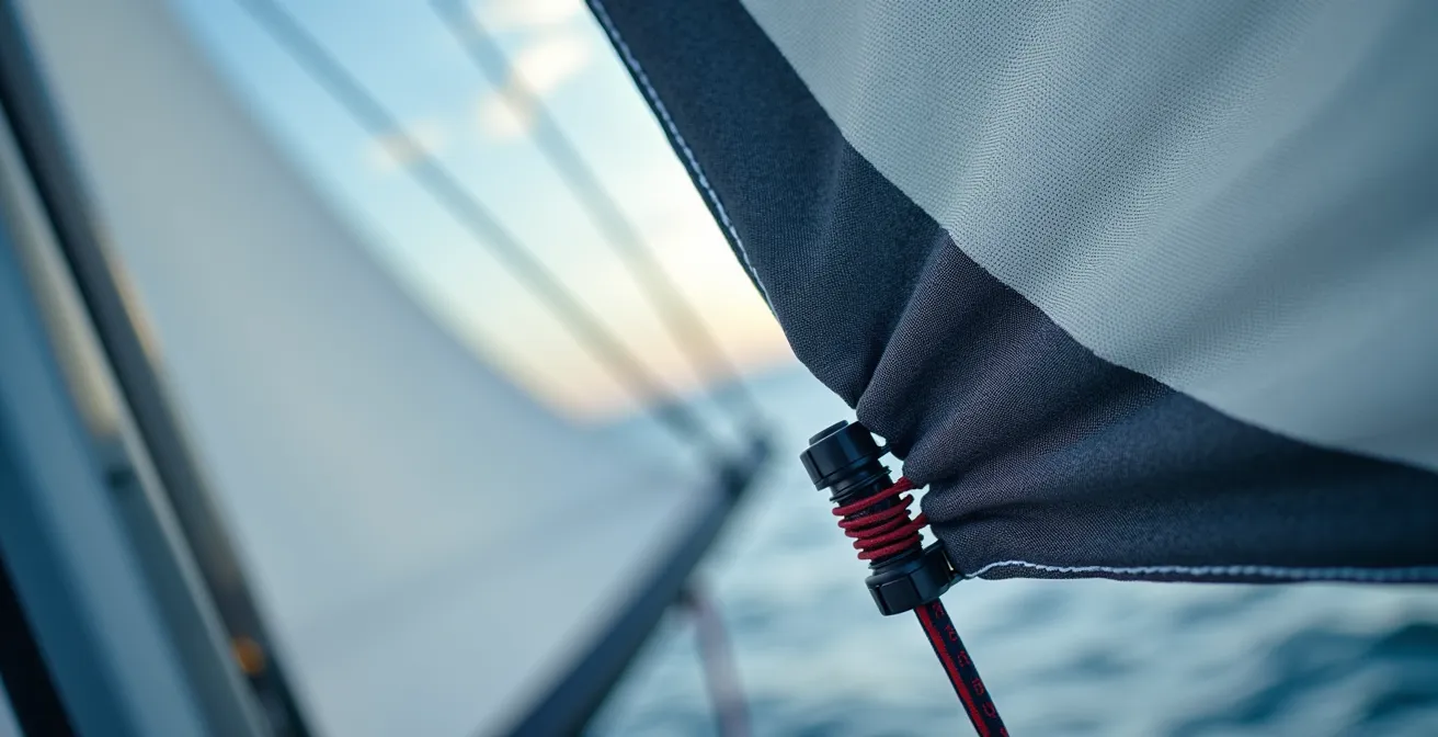 Gros plan technique sur les réglages de tension d'une voile montrant l'effet sur le creux