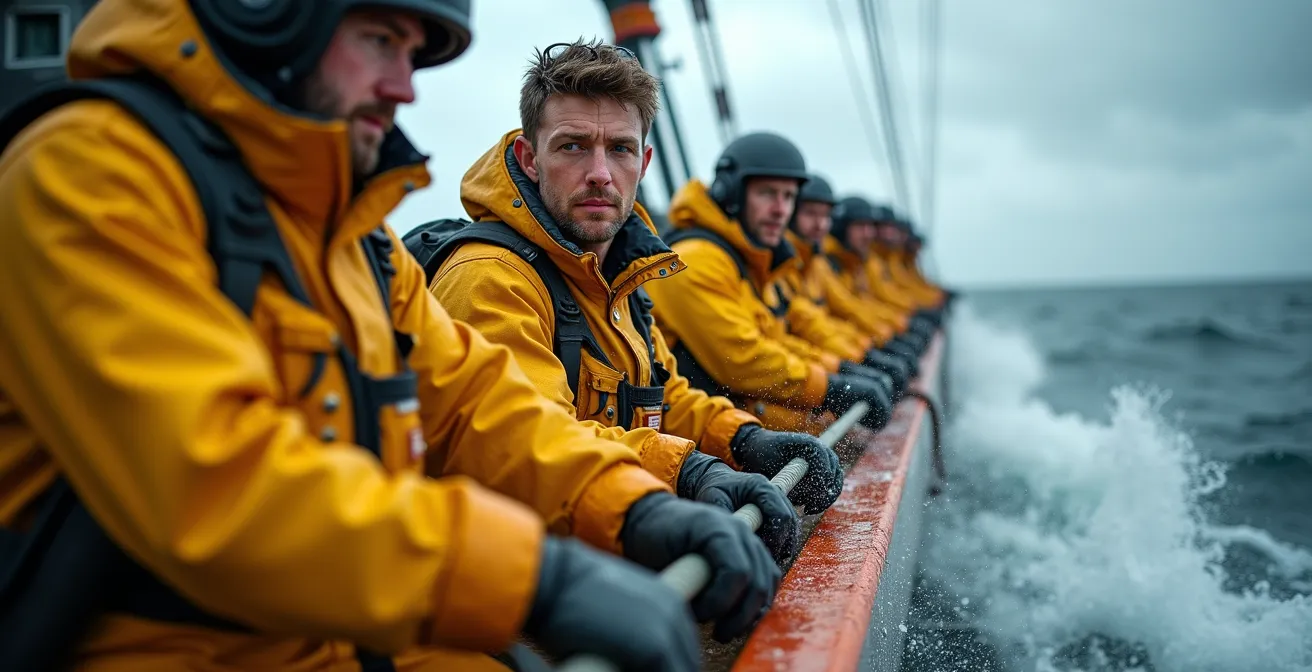 Équipage en ciré jaune effectuant une prise de ris sur un voilier par mer agitée