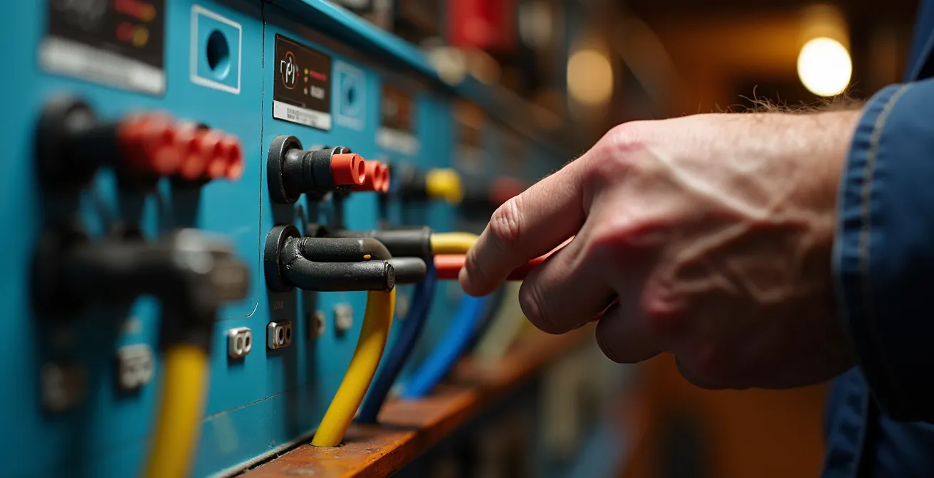 Vue rapprochée de câbles et connecteurs NMEA dans un tableau électrique de voilier