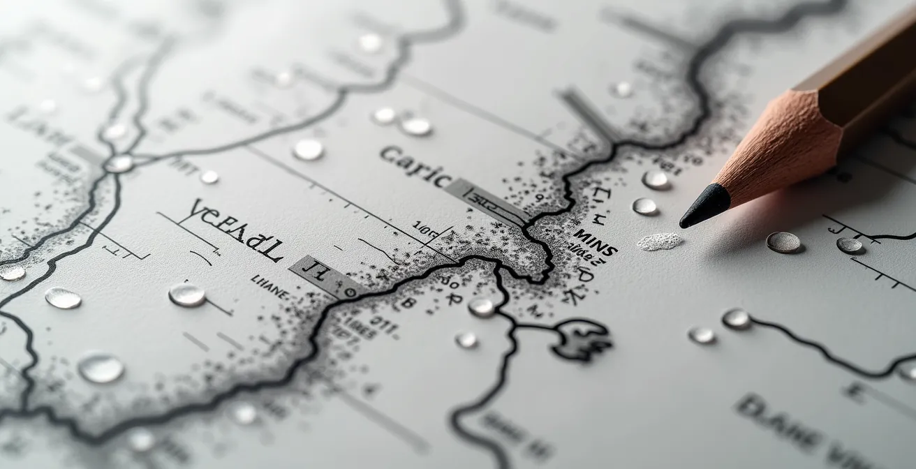 Vue aérienne abstraite montrant deux trajectoires de navigation contrastées face à une dépression
