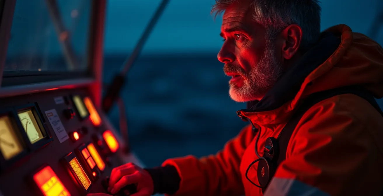 Skipper en pleine réflexion stratégique de nuit dans le cockpit de son voilier