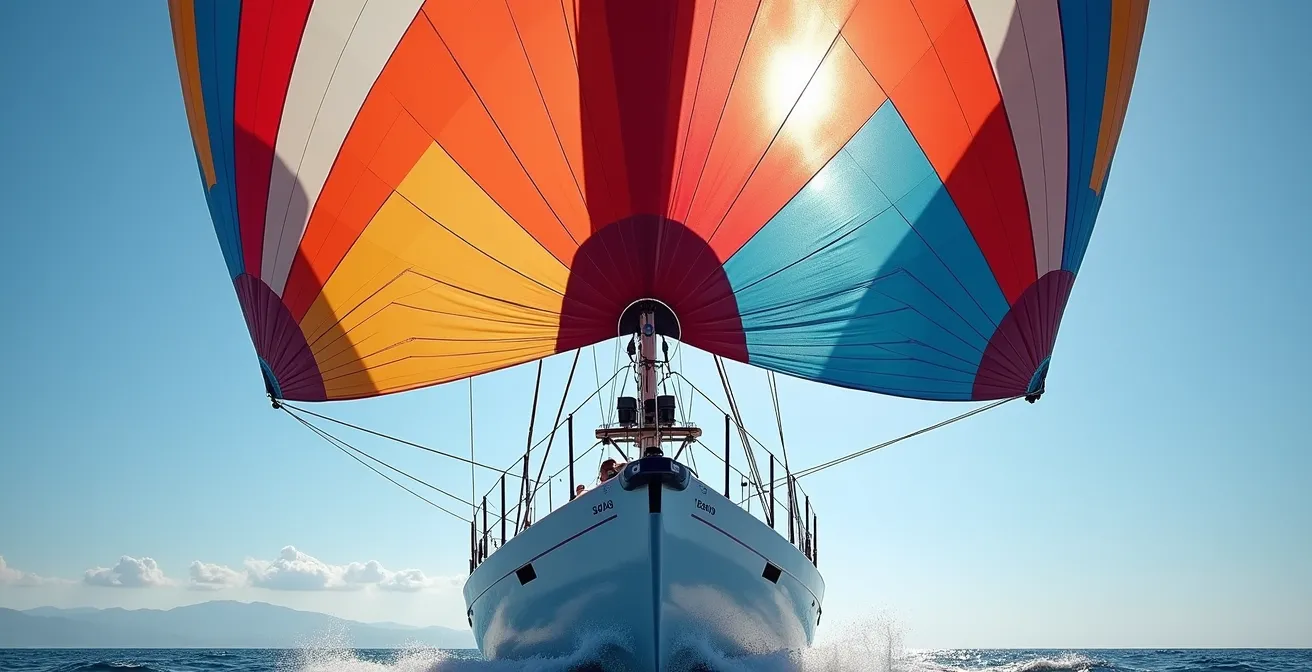 Spinnaker asymétrique coloré gonflé au largue sur un voilier de course