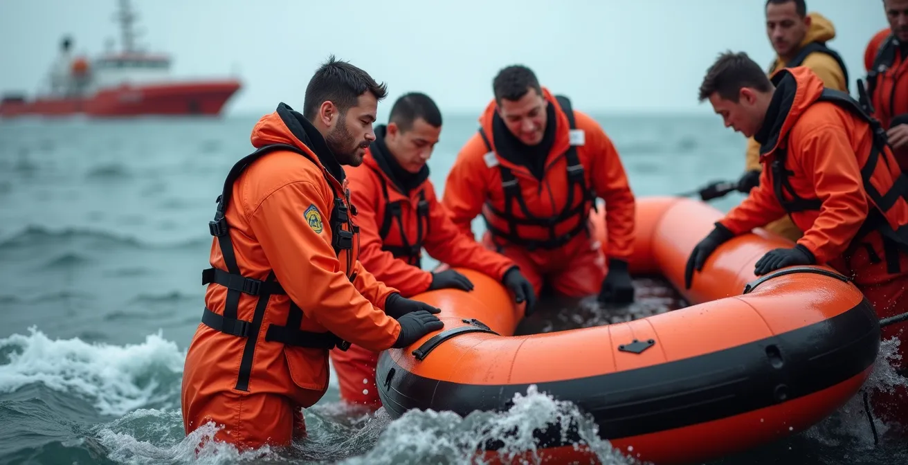 Stagiaires s'entraînant avec un radeau de survie en conditions réelles