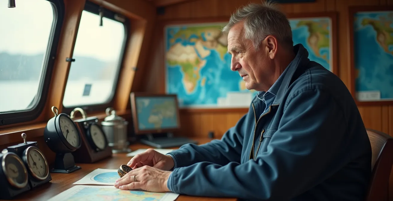 Marin consultant différentes sources météo avec cartes, baromètre et observations visuelles