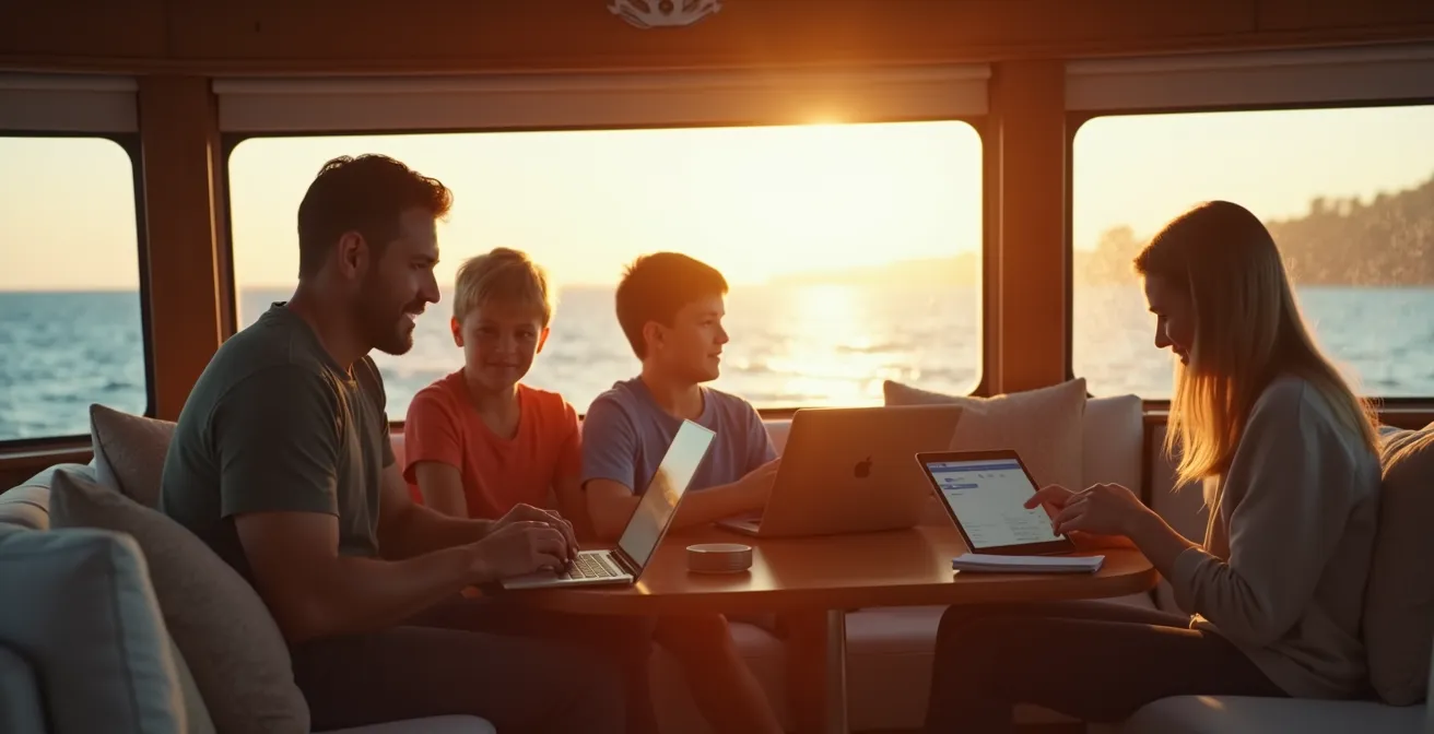 Famille travaillant et étudiant à bord d'un catamaran avec connexion satellite