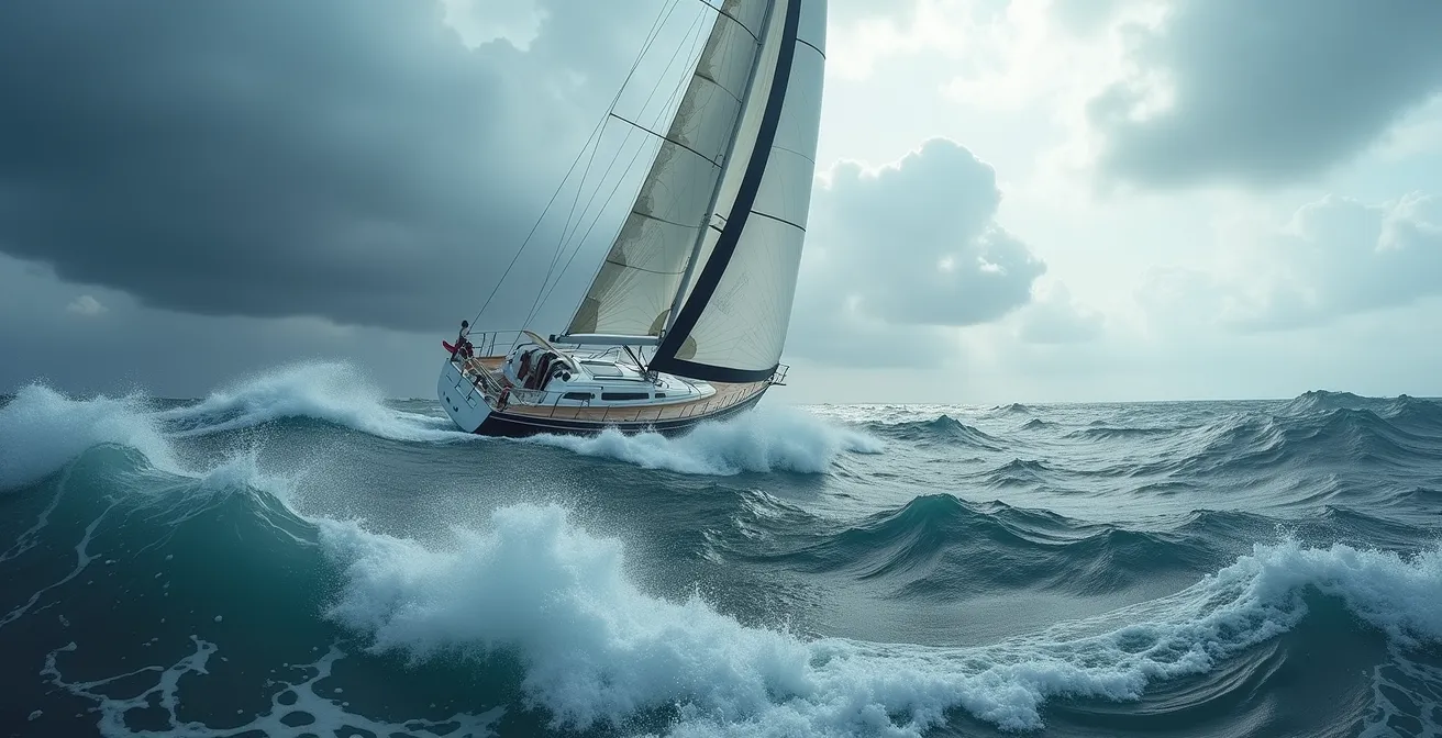 Voilier en position de cape avec voiles réduites dans une mer formée