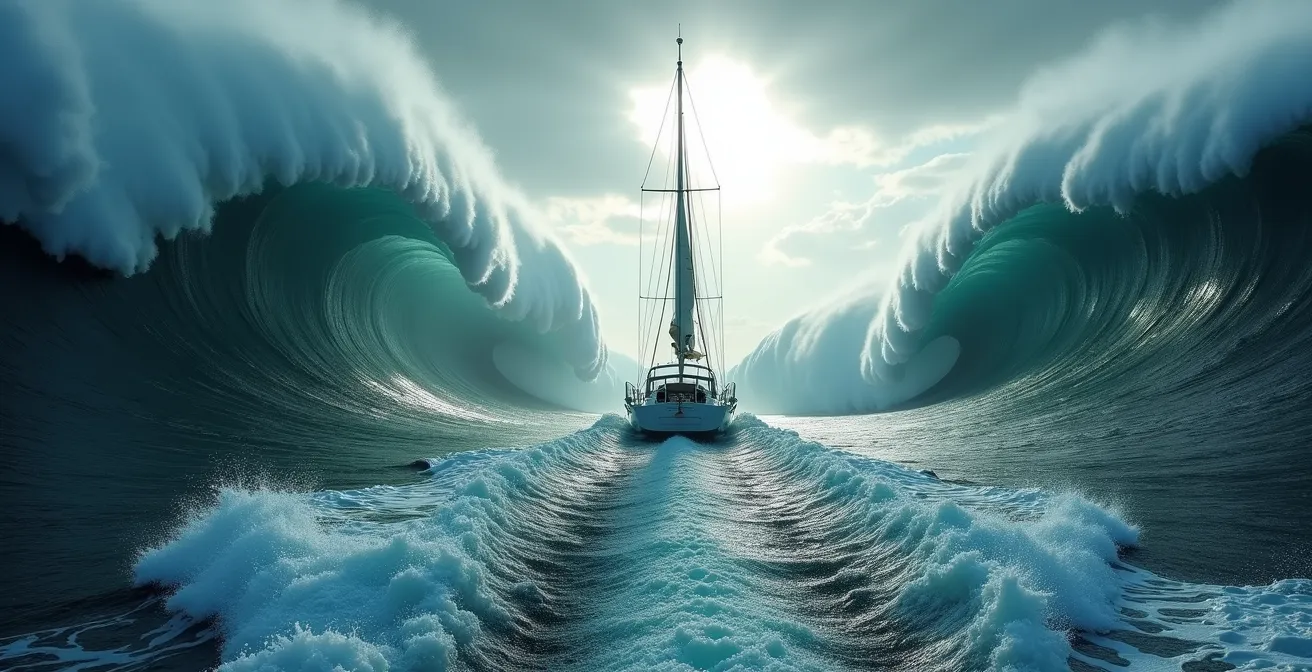 Vue arrière d'un voilier fuyant devant une déferlante impressionnante